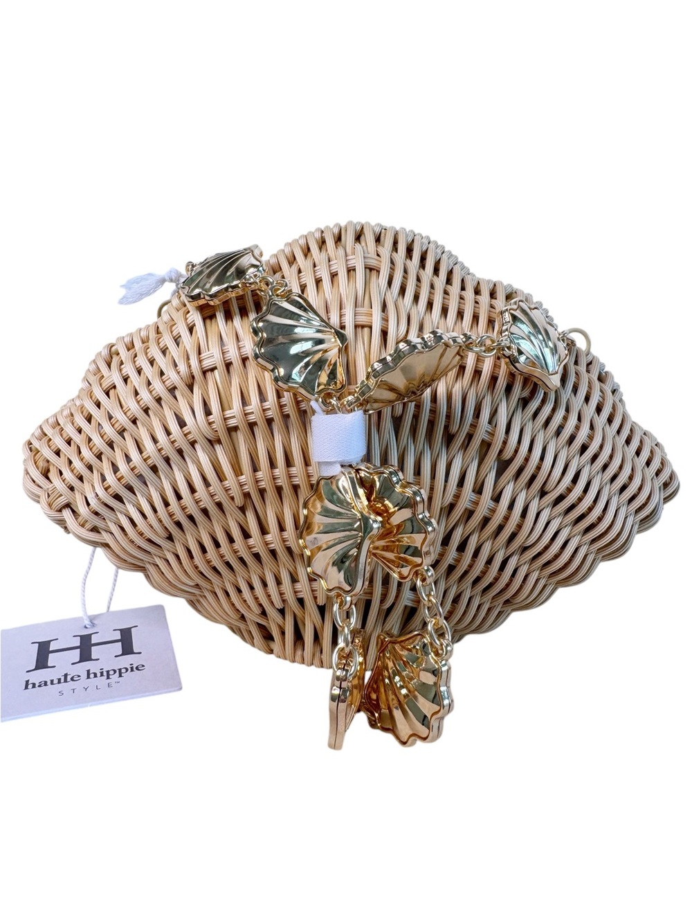 HAUTE HIPPIE NWT Woven Seashell Hand Bag w Gold Seashell Chain - Picture 11 of 13
